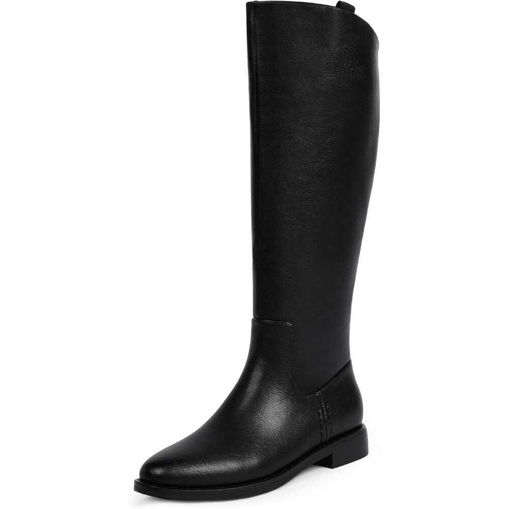 Women's A-Black Rounded Toe Flat Low Chunky Zip Heel Knee High Boots